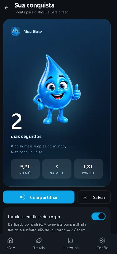 Card de conquista do Meu Gole pronto para compartilhar nas redes
