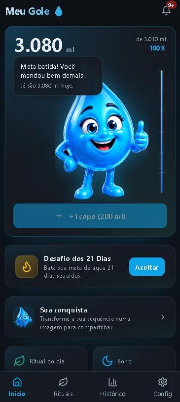 Tela inicial do Meu Gole com a Gota cheia e a meta de 3.010 ml batida