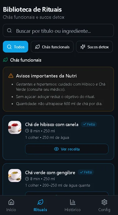 Biblioteca de rituais com chás funcionais e sucos detox